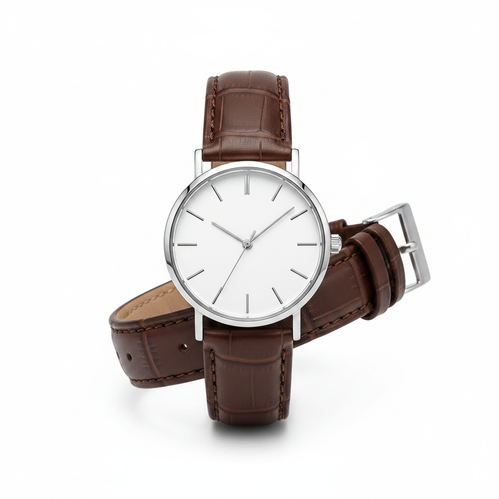 Brown strap white dial watch