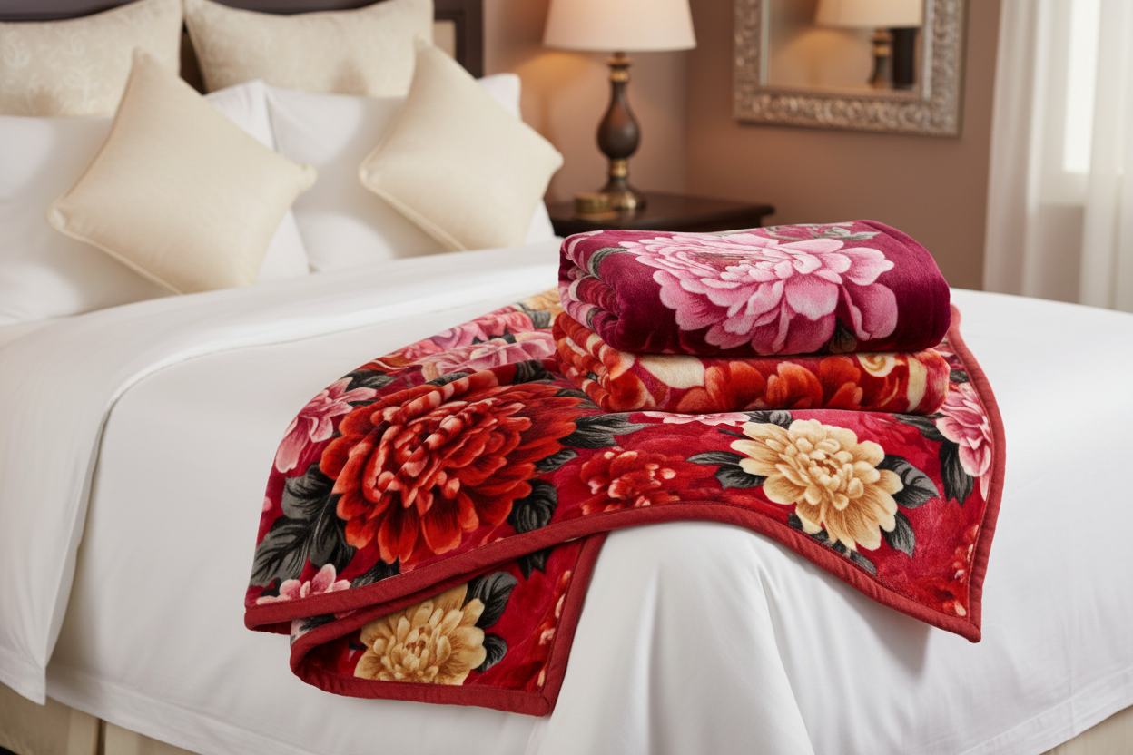 Colorful Floral Blankets on Bed