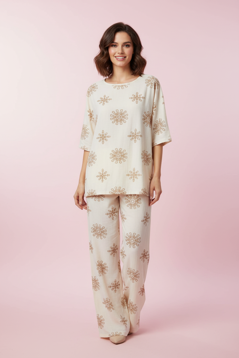 Cream Gold Mandala Set - Full Length Pants
