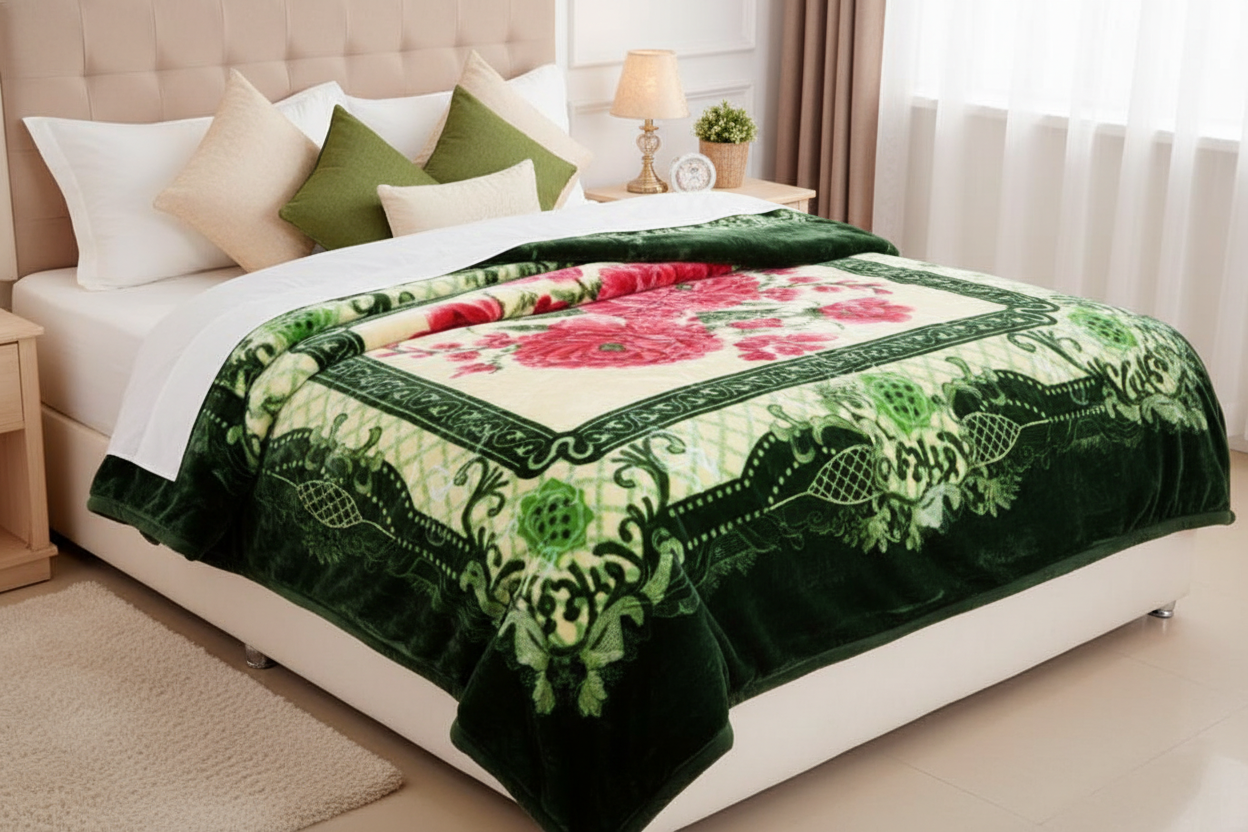 Green Floral Blanket on Bed