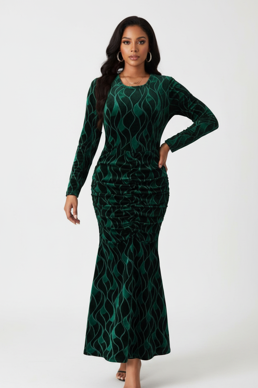 Green Velvet Wave Maxi Dress