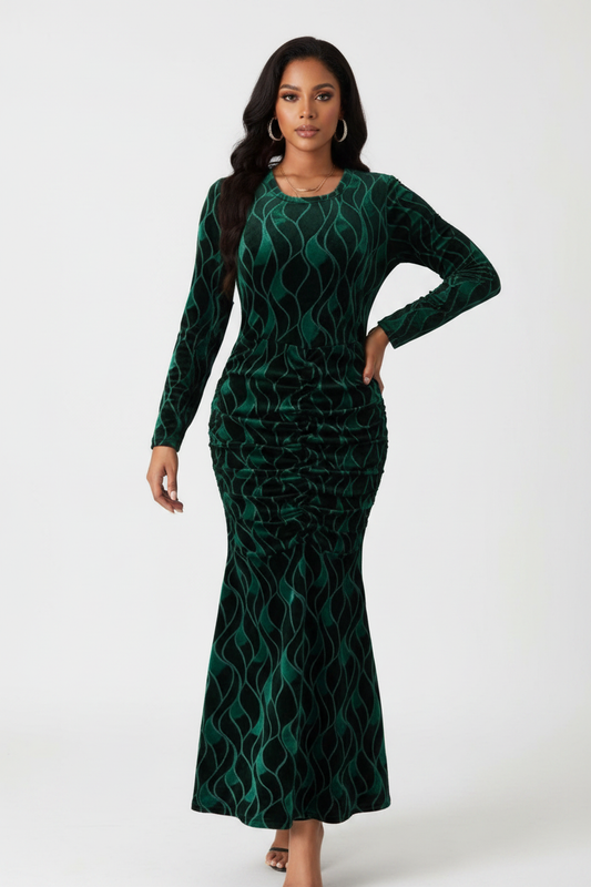 Green Velvet Wave Maxi Dress