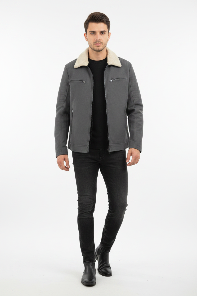 Grey Canvas Biker Jacket