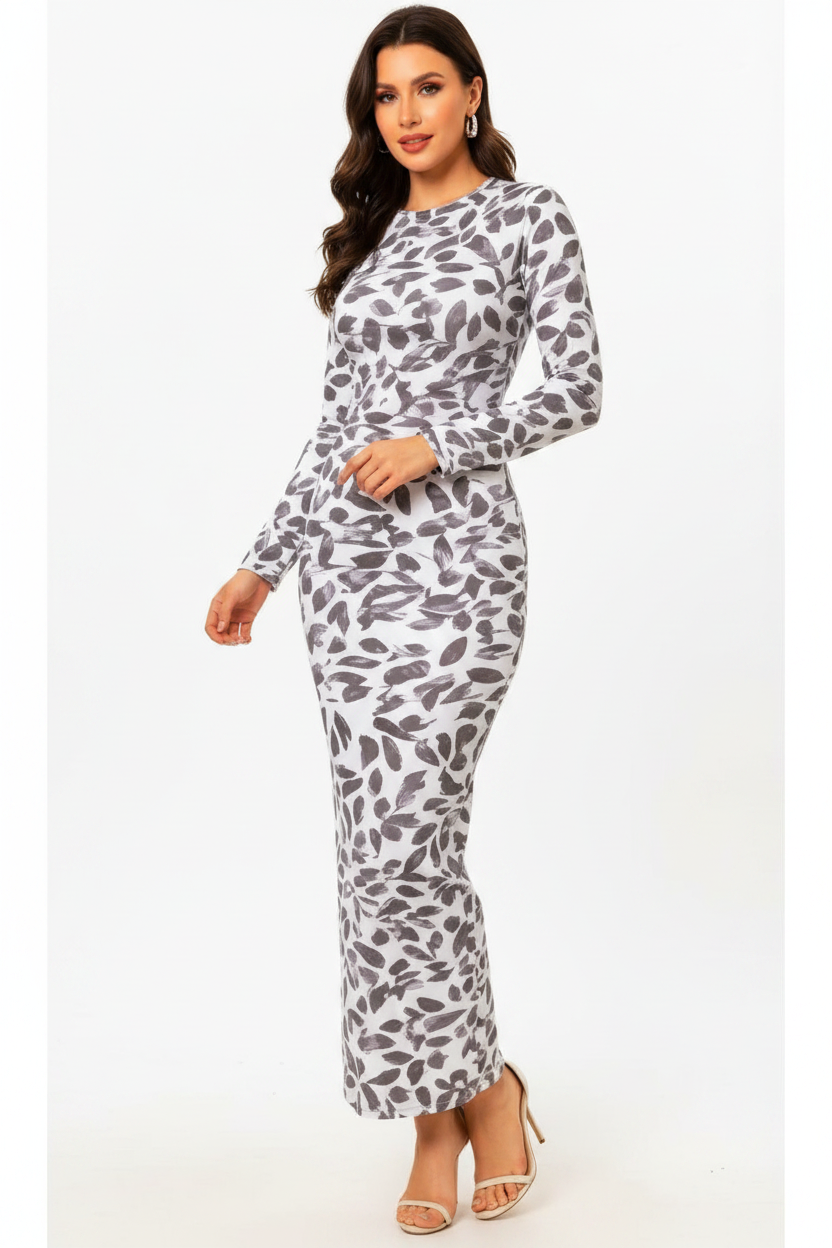 Grey Leaf Print Maxi Dress