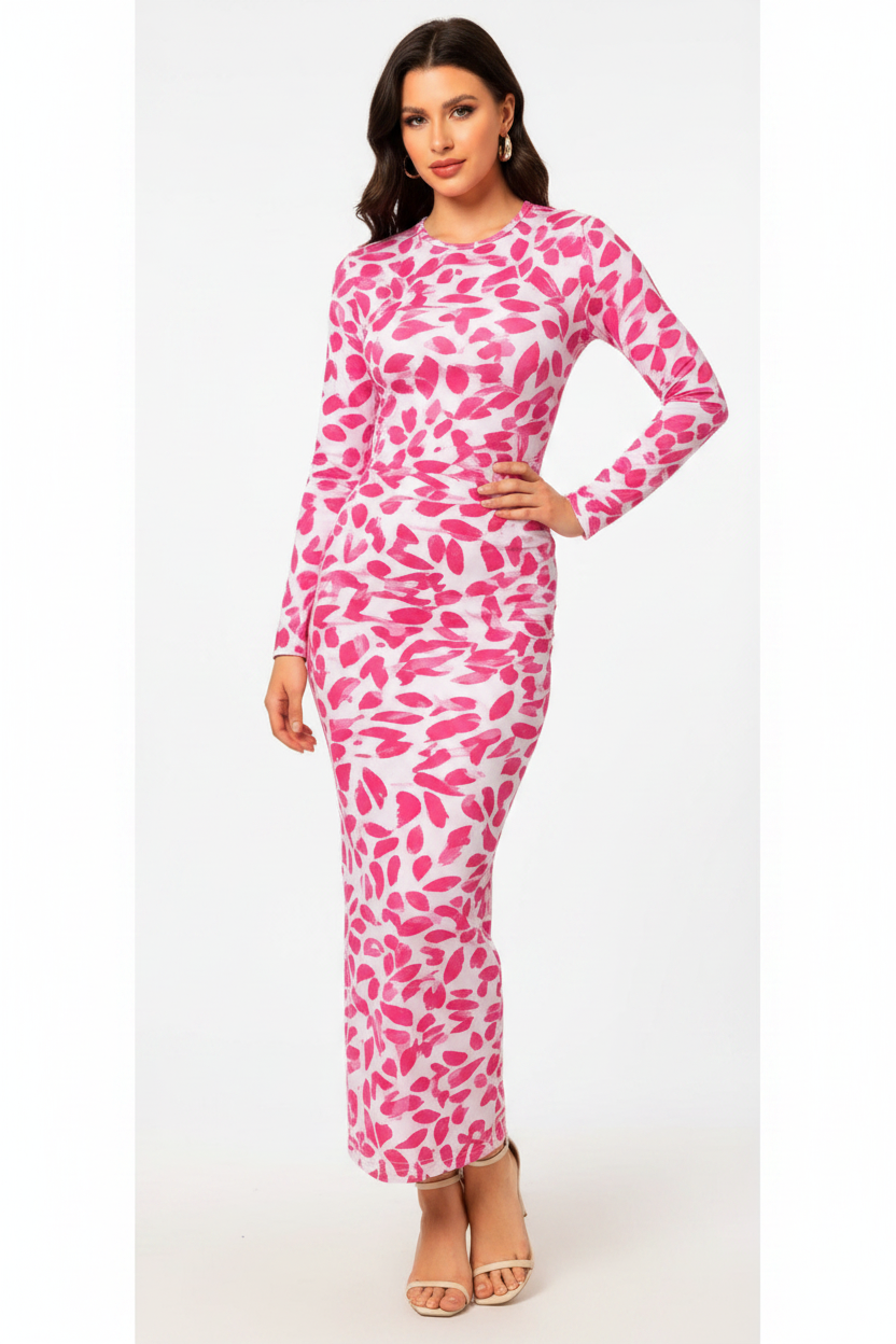 Pink Leaf Print Maxi Dress