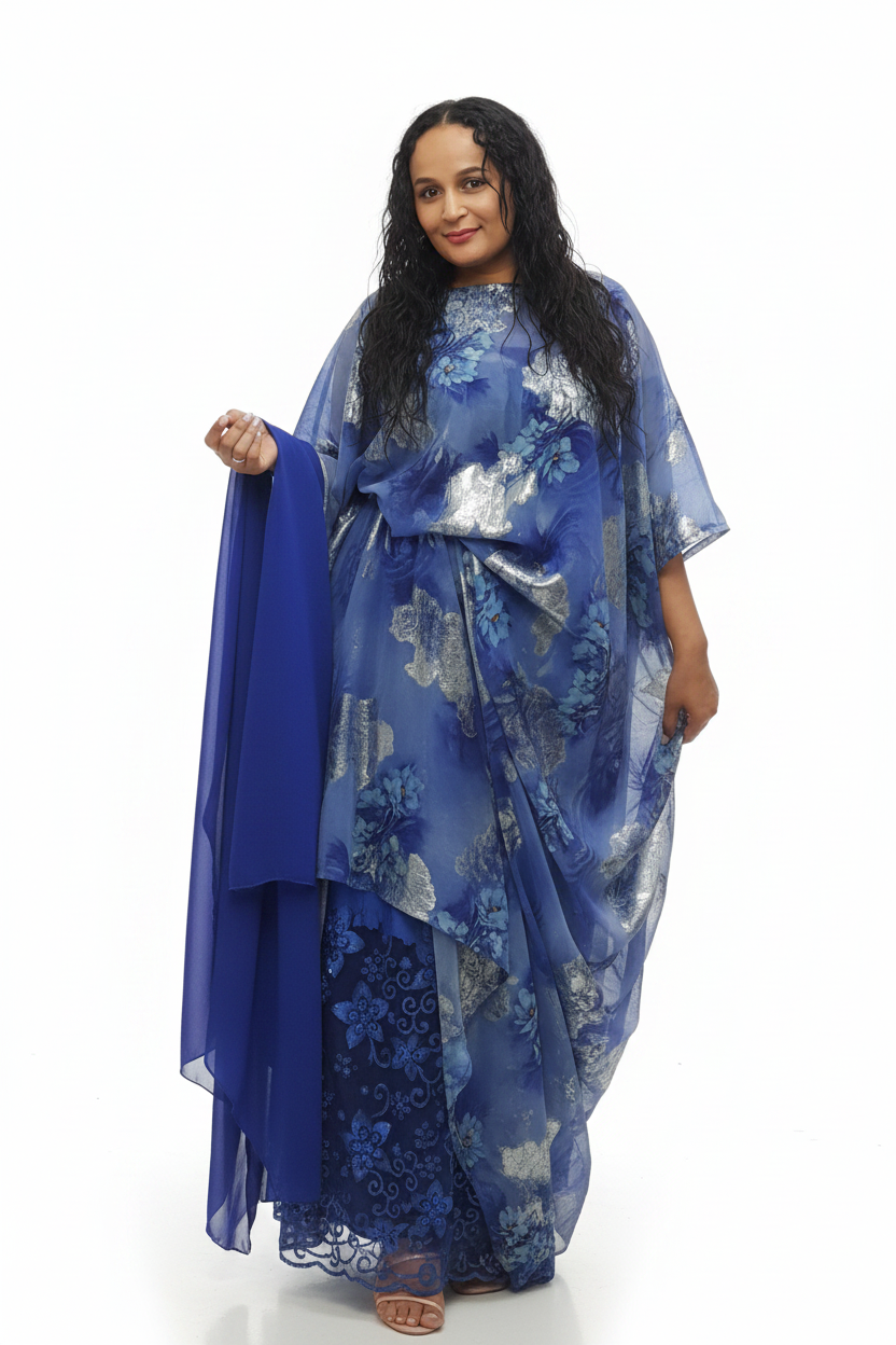 Royal Blue Kaftan with Shawl