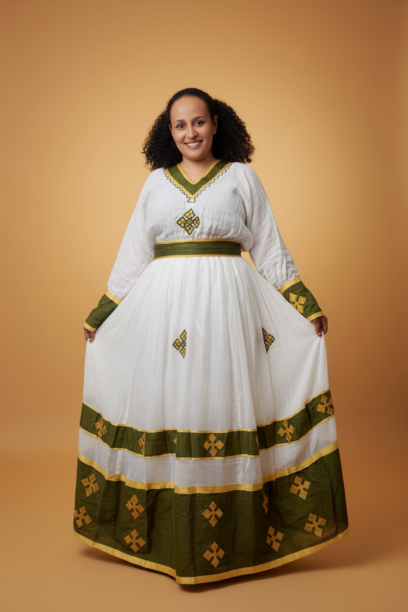White Green Gold Habesha Dress - Elegant Model
