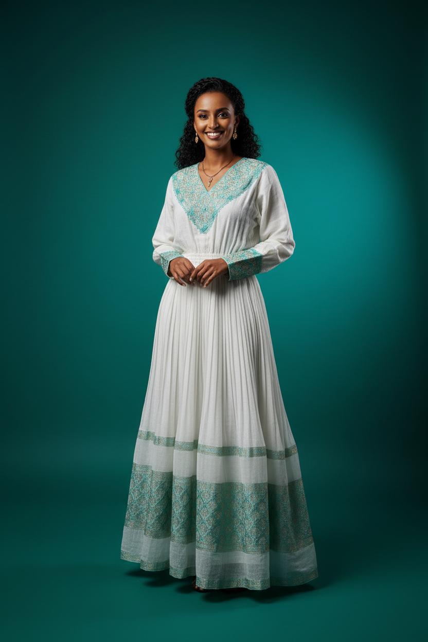 White Teal Habesha Dress - Model & Elegant Background